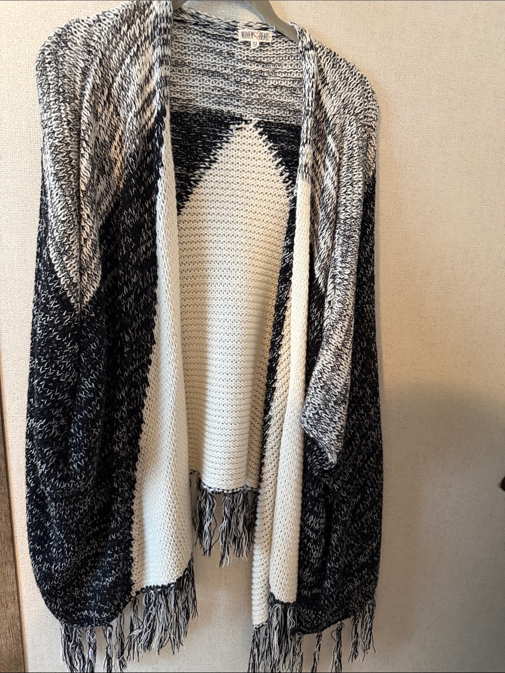 Woven Heart Black & Cream Marled Fringe Knit Shawl Cardigan XS
